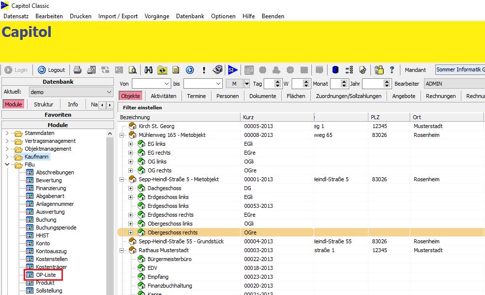 Öffnen Sie das Modul OP Liste (der Mandant ist