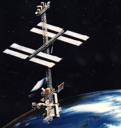Abbildung 9: links - Power Tower Space Station Konzept der NASA mit angedockten Modulen (19.6.1985), rechts - Dual Keel Konzept vom Glen Research Center (1.