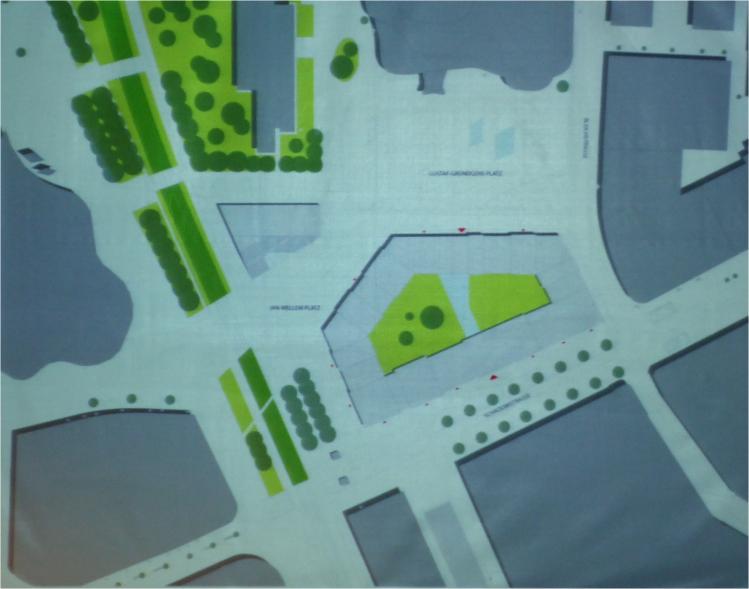Der Vorschlag Snohetta legt Wert auf eine konsequente räumliche Fassung des Gustaf- Gründgens-Platzes, der durch die aufgelockerten Raumkanten des Blockes sowie durch ein aufsteigendes flaches