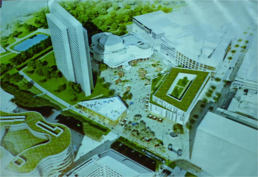 Der Vorschlag Molestina/FSWL geht von einer Verknüpfung zweier Stadtplätze Gustaf-Gründgens-Platz (1) und dem neuen Jan-Wellem-Platz (2) mit der Schadowstraße, dem neuen Strassenraum
