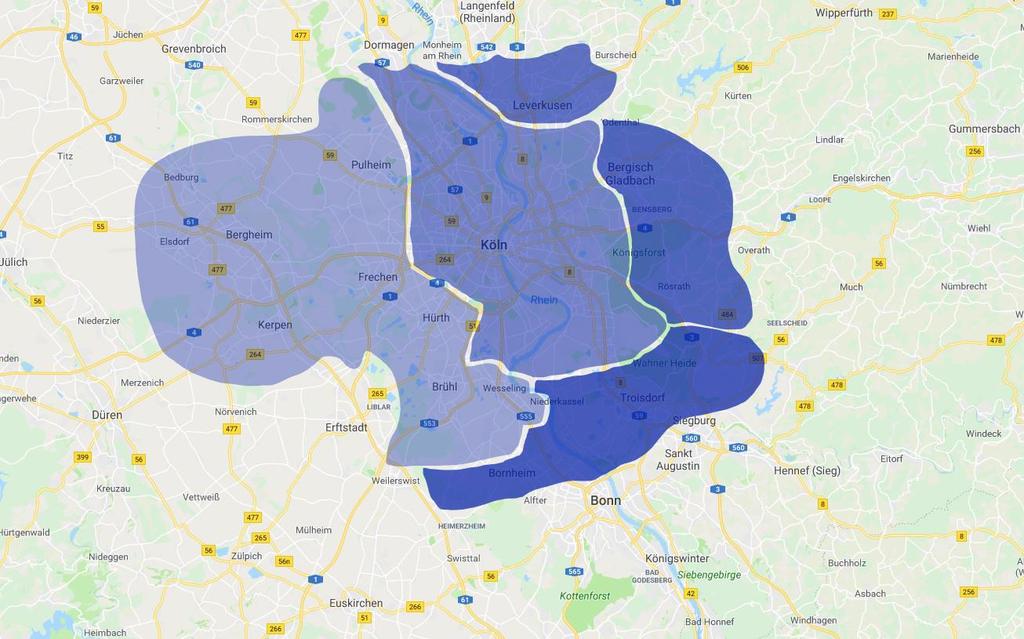 Auswertungsbereich zur Datenerhebung 3 1 Köln 2 Rhein-Erft-Kreis (außer Erftstadt) 3 Leverkusen 2 1 4 4 Teilbereich