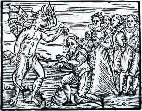 Es wird hier im Zusammenhang mit Hexen immer von Frauen Satan tauft einen Hexer. Hexen machen eine Salbe aus Kinderleichen (Holzschnitte aus dem Compendium Maleficarum, Mailand 1608).