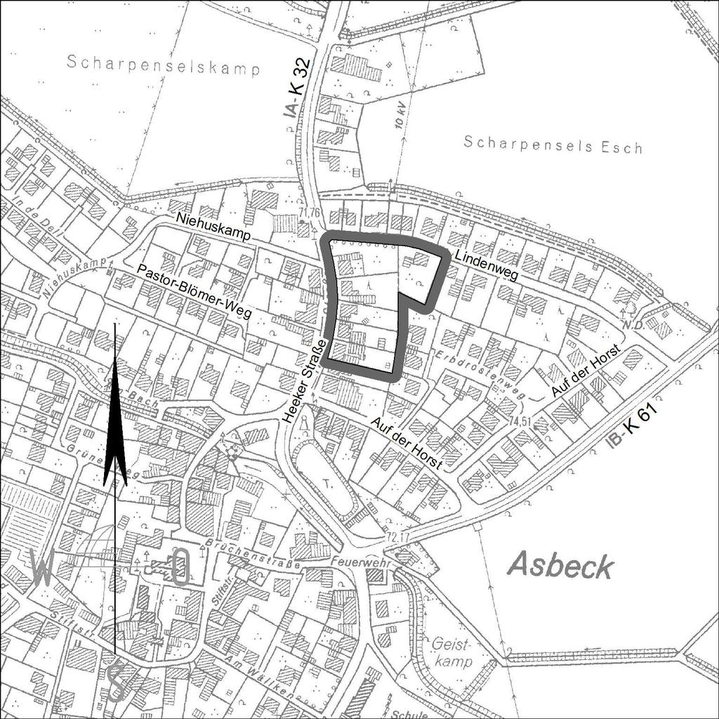 10 und im Westen durch die Heeker Straße (Gemarkung Asbeck, Flur 8, Flurstück 509). Der räumliche Geltungsbereich des Bebauungsplangebietes ist im nachfolgenden Übersichtsplan dargestellt.