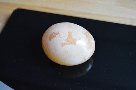 Lege anschließend das Ei in eine Salzlösung (8 leicht gehäufte Teelöffel in 150 Gramm Wasser) und entnimm es nach frühestens vier Stunden.