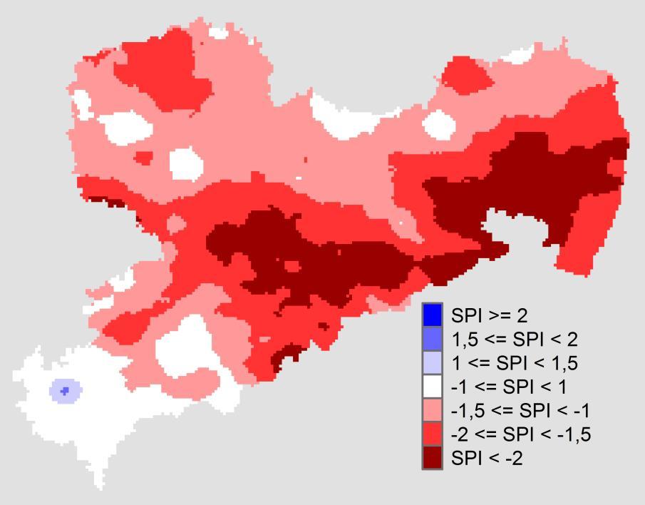 Abbildung 5: Standardisierter Niederschlagsindex (SPI-180d) für den Mai 2018 (Stichtag 31.05.) aus dem Vergleich aktueller Niederschläge mit den Mai-Niederschlägen 1981 bis 2010.