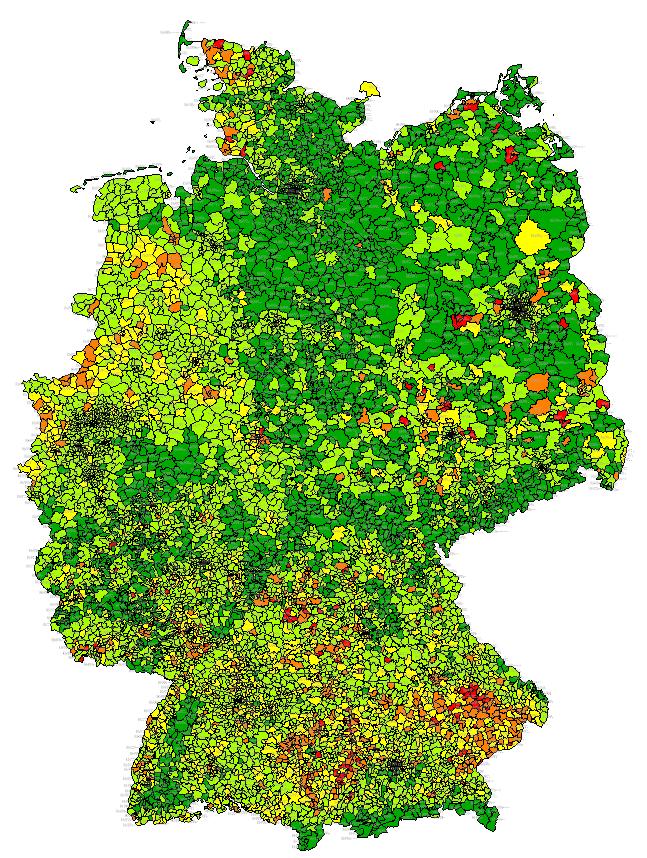 Regionalisierung Photovoltaik Grün = geringe inst.