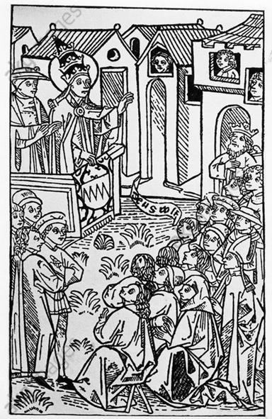 M1 Urban ruft im Jahre 1095 auf der Kirchenversammlung zu Clermont zum 1. Kreuzzug auf, Holzschnitt, um 1480 (com m ons.wikim edia.