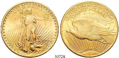 450,- 30711 20 Dollars 1924, Philadelphia. Stehende Liberty. Gold.