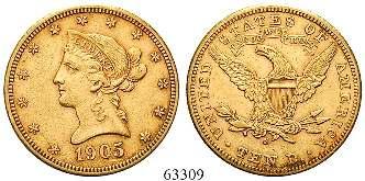 63309 10 Dollars 1905, S, San Francisco. Liberty. Gold.