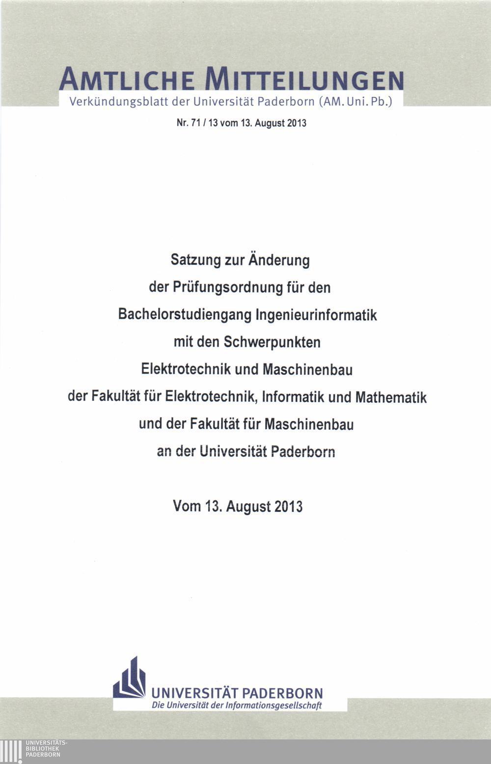 Amtliche Mitteilungen Verkündungsblatt der Universität Paderborn (AM. Uni. Pb.) Nr. 71/13 vom 13.