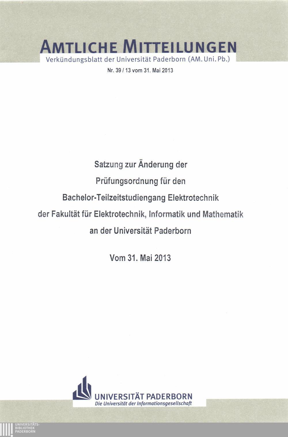 Amtliche Mitteilungen Verkündungsblatt der Universität Paderborn (AM. Uni. Pb.) Nr. 39/13 vom 31.