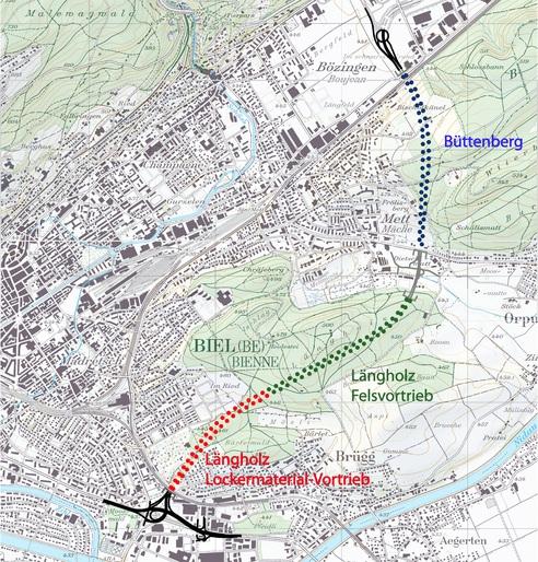 Autobahnumfahrung Biel Ostast Tunnel Büttenberg und Tunnel Längholz Dipl.-Ing. Armin Strauss Projektübersicht Nach über 30-jähriger Planungsgeschichte erfolgte am 3.