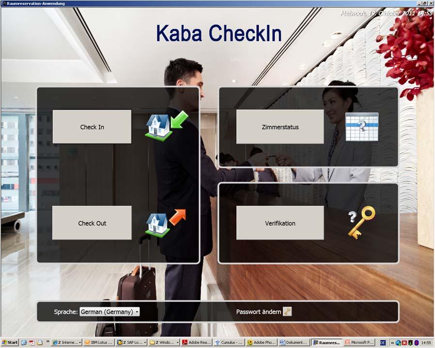 Kaba CheckIn-Hotellösung > Kaba CheckIn Hotellösung / am KEM-Arbeitsplatz > Benutzerfreundliche und effiziente Rezeptions-Oberfläche > 4 Hauptfunktionen: CheckIn, CheckOut, Zimmerstatus und