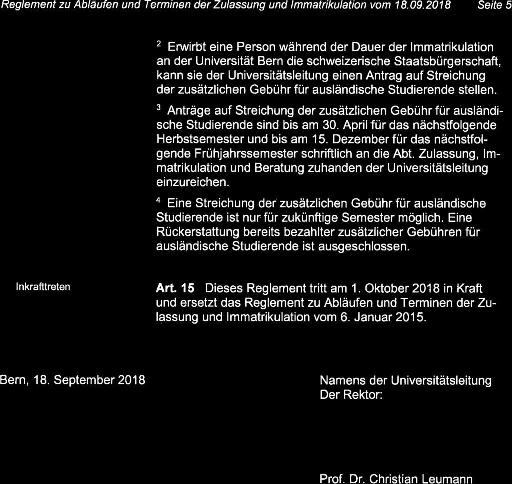 Reglement zu Abläufen und Terminen der Zulassung und lmmatrikulation vom 18.09.
