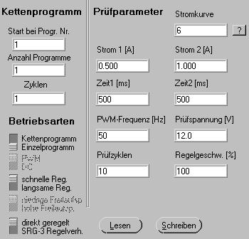 2.3 Prüfparameter / Kettenprogramm / Betriebsart In diesem Bereich auf der Benutzeroberfläche sind die Prüfparameter aufgeführt.
