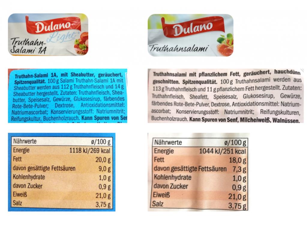 Light mit mehr Fett und Kalorien Die Verpackungen der zwei Salami-Produkte ähneln einander sehr. Wer ins Kleingedruckte schaut, wird feststellen, dass auch die Zutaten für beide Sorten identisch sind.