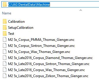 XNC-Dateien (Fräsbahnen), in den Ordner: C:\AG DentalData\Machine