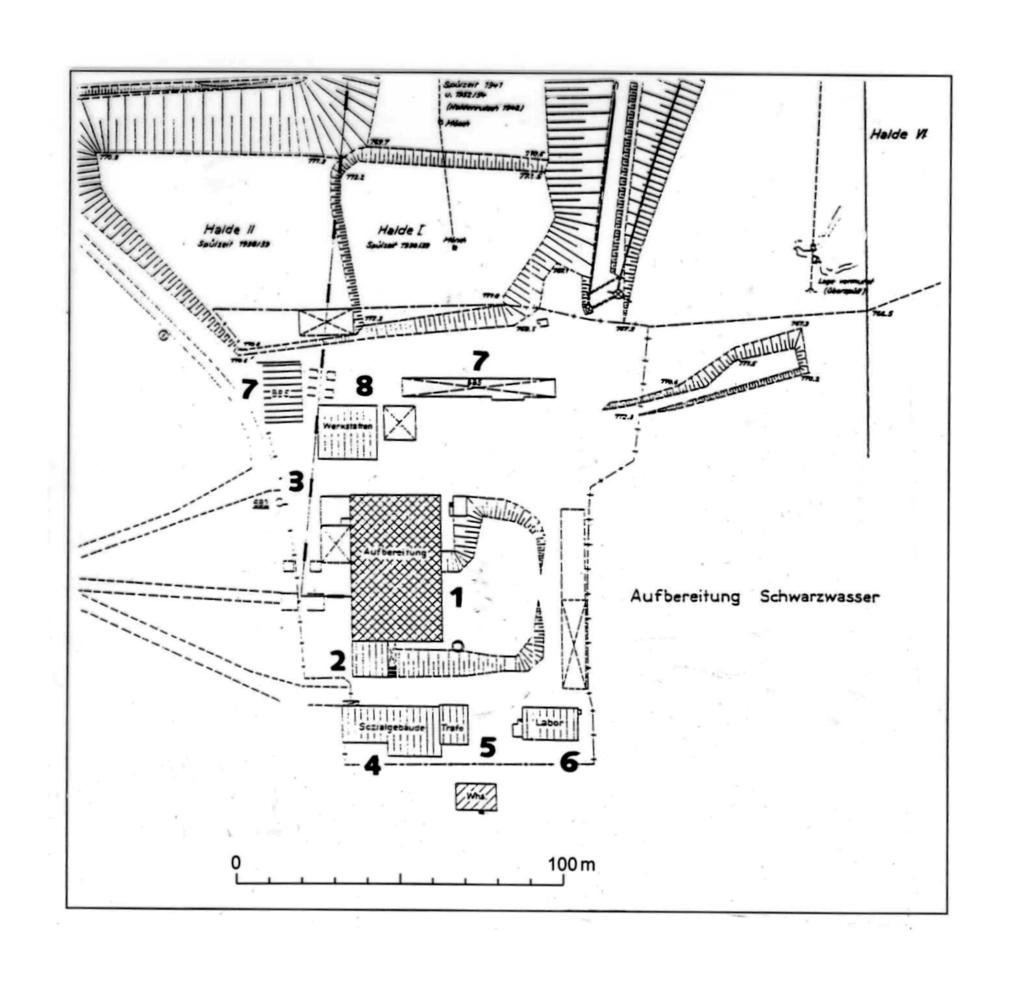 Abb. 139: Anlagen der Schwarzwasser (fette Nummerierung) (top. Grundlage: Ausschnitt Tageriss Altenberg; Stand 1978, vgl. auch top. Übersicht Abb.