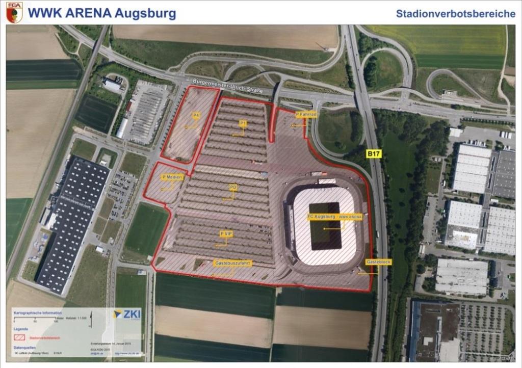 Stadion Das komplette Gelände der WWK ARENA inkl. Parkplätze (auch Gästebuseinfahrt) gehört zum Veranstaltungsbereich des FC Augsburg.