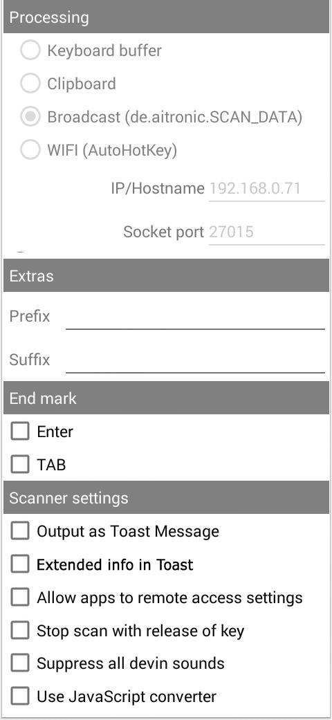 4 Sollen Barcodes oder RFID-Tags von herkömmlichen Apps übernommen werden, ist der Tastatur-Puffer zu wählen. D.h. Barcodes und Transponder-Tag-Ids erscheinen für die betreffende App wie Tastatureingaben.