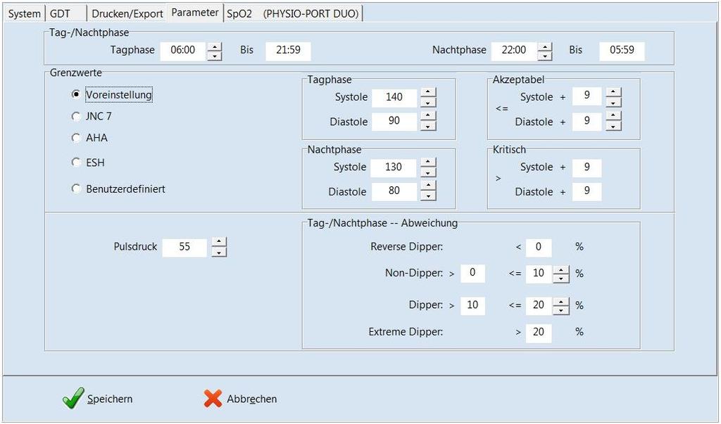 3.3.4 Parameter Auf dieser Registerkarte können die Parameter festgelegt werden, die bei der Analyse einer Auswertung standardmäßig verwendet werden.