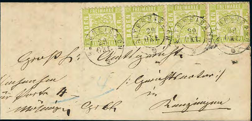 Ausgabe 1868 127 346 345 1 Kr. hellgrün, Prachtstück mit K2 FREIBURG auf Drucksache nach Haagen, innen Prospekt für das 6.