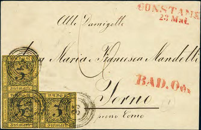 26 Ausgaben 1851 1858 43P 3 Kr. a. orangegelb, gut geschnittener Dreierblock (unauffällig bugig) mit Stempel 25, rotem Neben-L2 CONSTANZ 23.