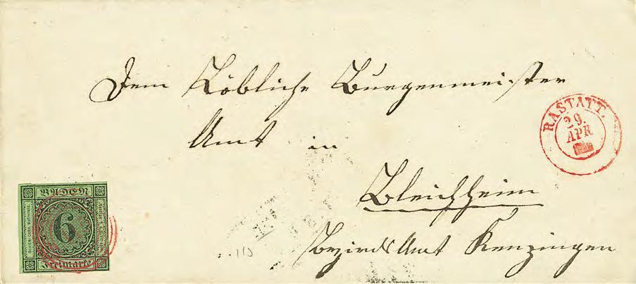 Ausgaben 1851 1858 43 100P 6 Kr. a. gelbgrün, rechts etwas Randlinienschnitt, dek.