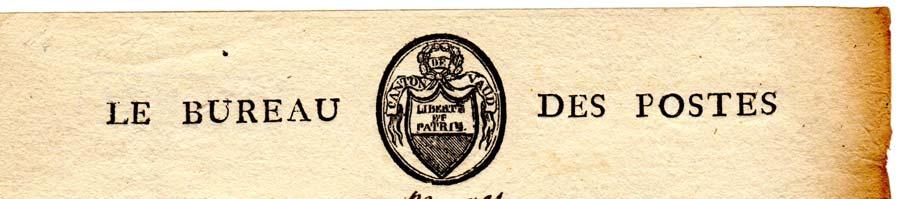 Titel : Le BUREAU (VD-WAPPEN) DES POSTES Logo Kanton Vaud : Ovales Wappen im Kreis, Lorbeerverzierung oben schmales