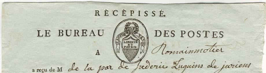 VD.F.0.30-xx mit Titel RÉCÉPISSÉ mit schmalem Wappen Récépissé in unterschiedlichsten Schreibweisen siehe untenstehendes Muster-Bild) VD.F.0.30-00.1813.