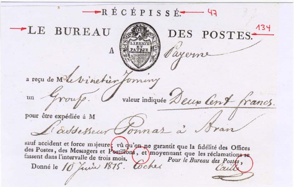 mit Wasserzeichen (horizontale und vertikale Linien) Verwendet : 10. Juni 1815 in Payerne Abbildung : VD.0.F.60-00.