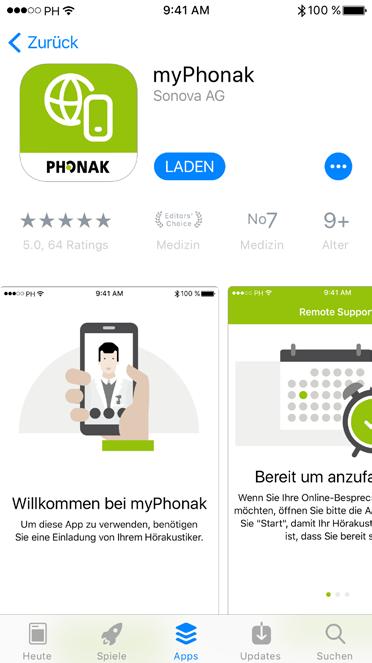 Installation der myphonak App Prüfen Sie, ob Ihr Smartphone über WLAN (oder 4G) mit dem Internet verbunden ist Prüfen Sie, ob Bluetooth eingeschaltet ist Prüfen Sie, ob Sie von Ihrem Hörakustiker