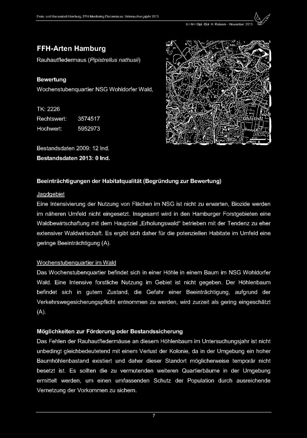 Freie- urd Hansestadt Hamburg, FFH-Monitoring Fledermäuse, Untersuchungsjahr 2013 U-l-N Dipl.-Biel H, Reimers - November 2013 FFH-Arten Hamburg t.