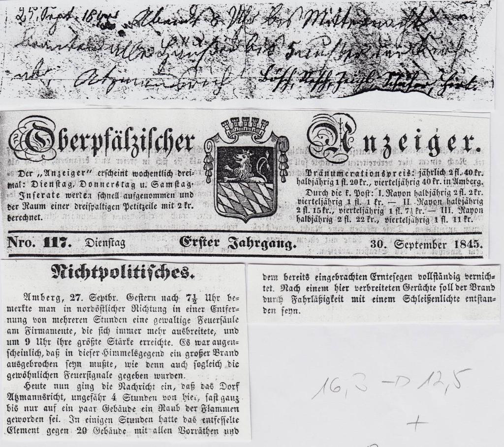 Dorfbrand 1845 Entschädigung 1846 Pfarrer Gallus Schwab, in der Pfarrei von 1825 bis 1832, hat eine Übersicht über die gesamte Pfarrei zum damaligen Zeitpunkt verfasst.