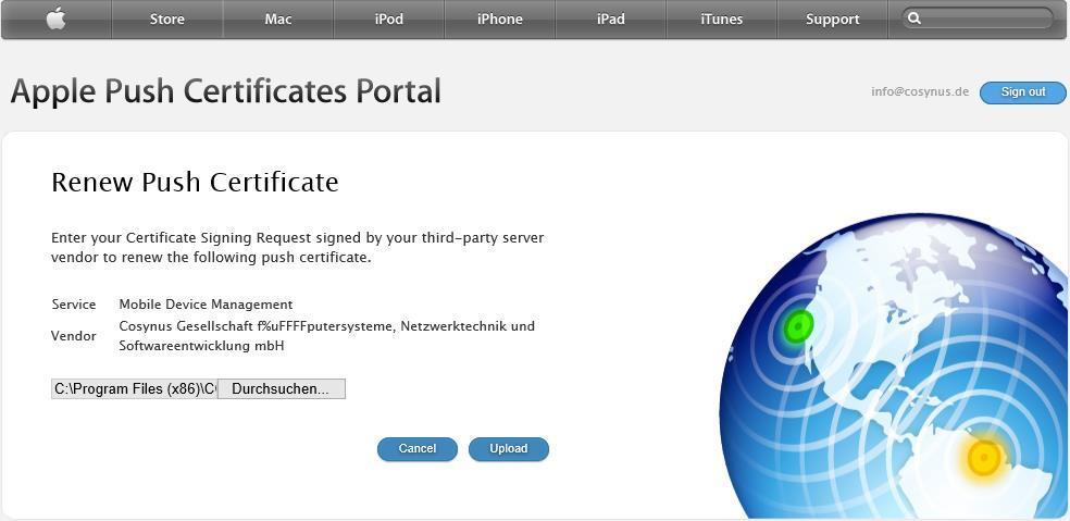 Klicken sie auf Upload um den signierten Zertifikat-Request zu Apple hochzuladen. An dieser Datei wird das Zertifikat bestätigt.