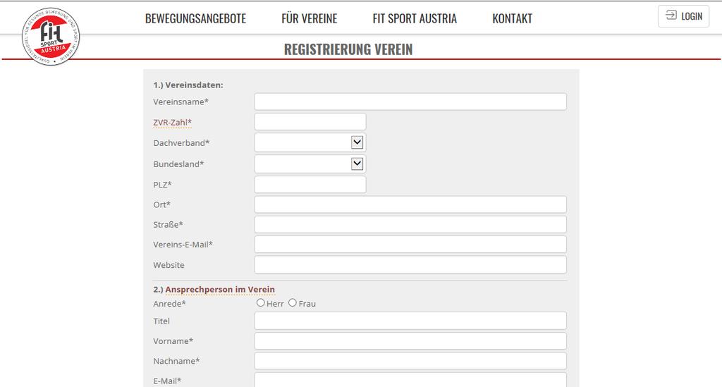 Nun erscheint das Formular für die Registrierung des Vereins. Dieses ist auszufüllen und zu speichern.