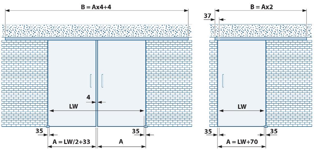 alternativ Lagerlängen oder Fixmaß Deckenmontage 2flg. Komplettsets für 975 mm und 1475 mm Flügelbreite.