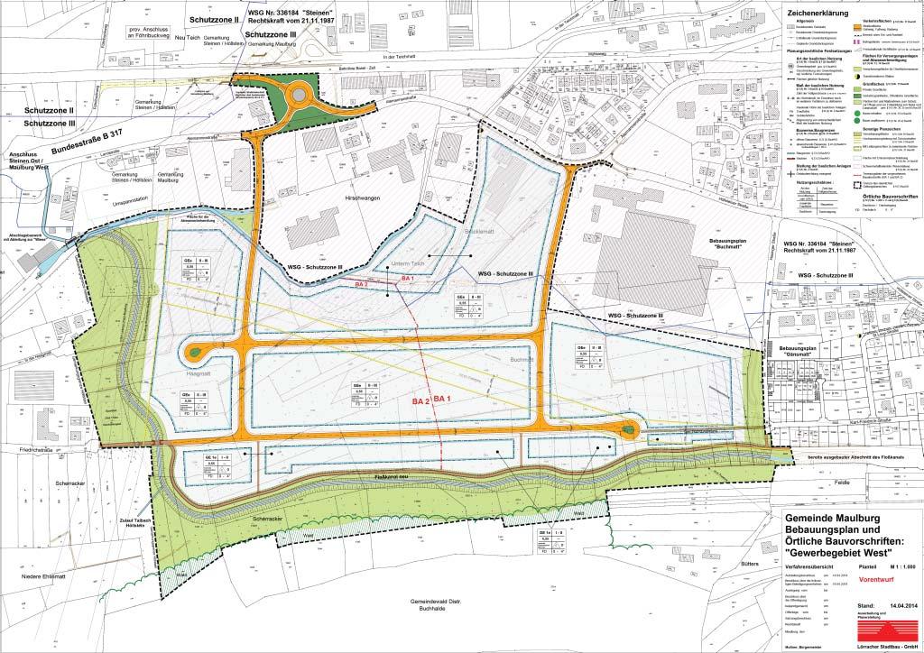 Abbildung 4 Planbereich Gewerbegebiet West Maulburg (Stand 14.04.2014) Im Vornhinein war nicht auszuschließen, dass durch das Vorhaben in das Lebensraumgefüge von Fledermäusen eingegriffen wird.