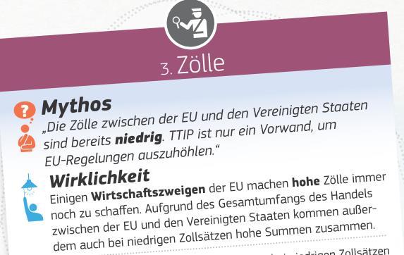 Auf Seite 6 wird über hohe Einfuhrzölle von Waren aus der EU in die USA geklagt. Sie seien ein Verkaufshemmnis für europäische Waren, die durch die Zölle in den USA unverhältnismäßig teuer würden.