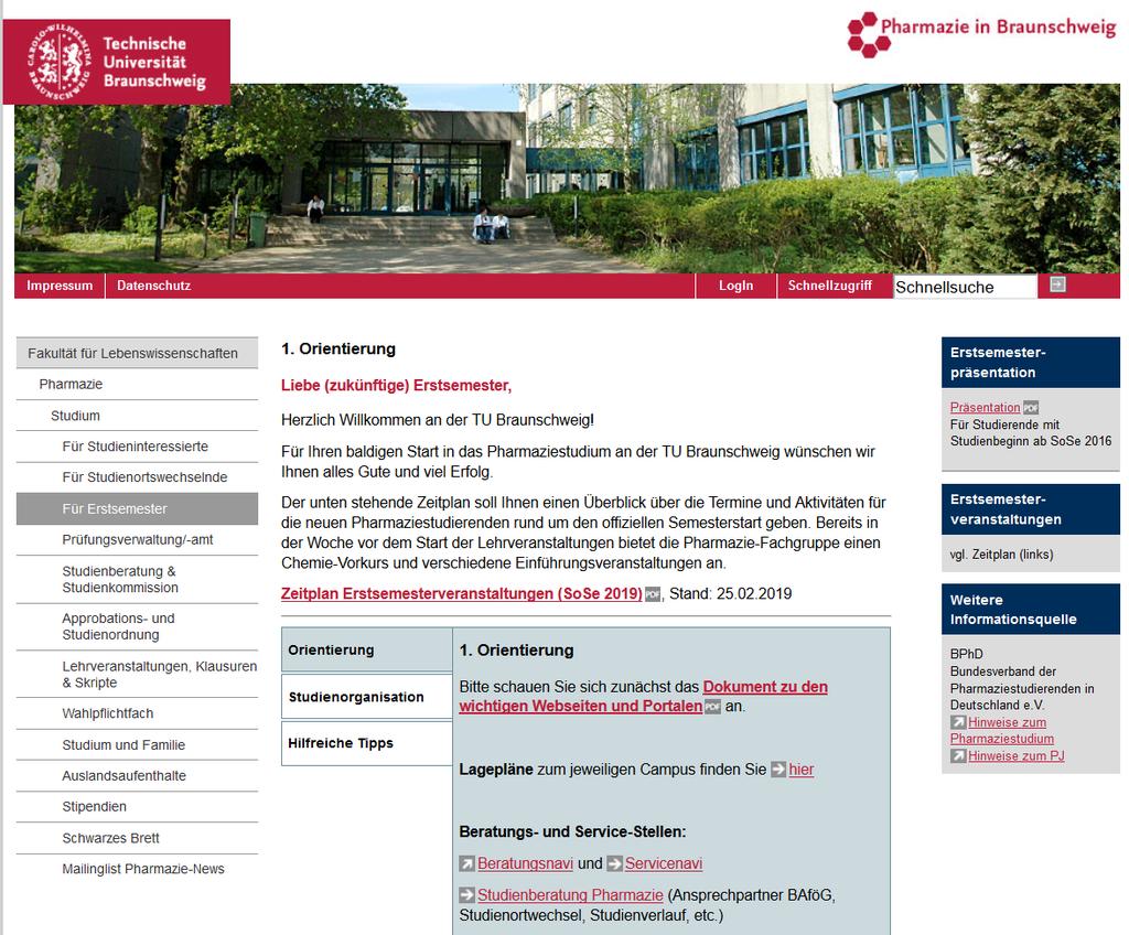 Infos für Erstsemester auf der Homepage der Pharmazie www.tu-braunschweig.