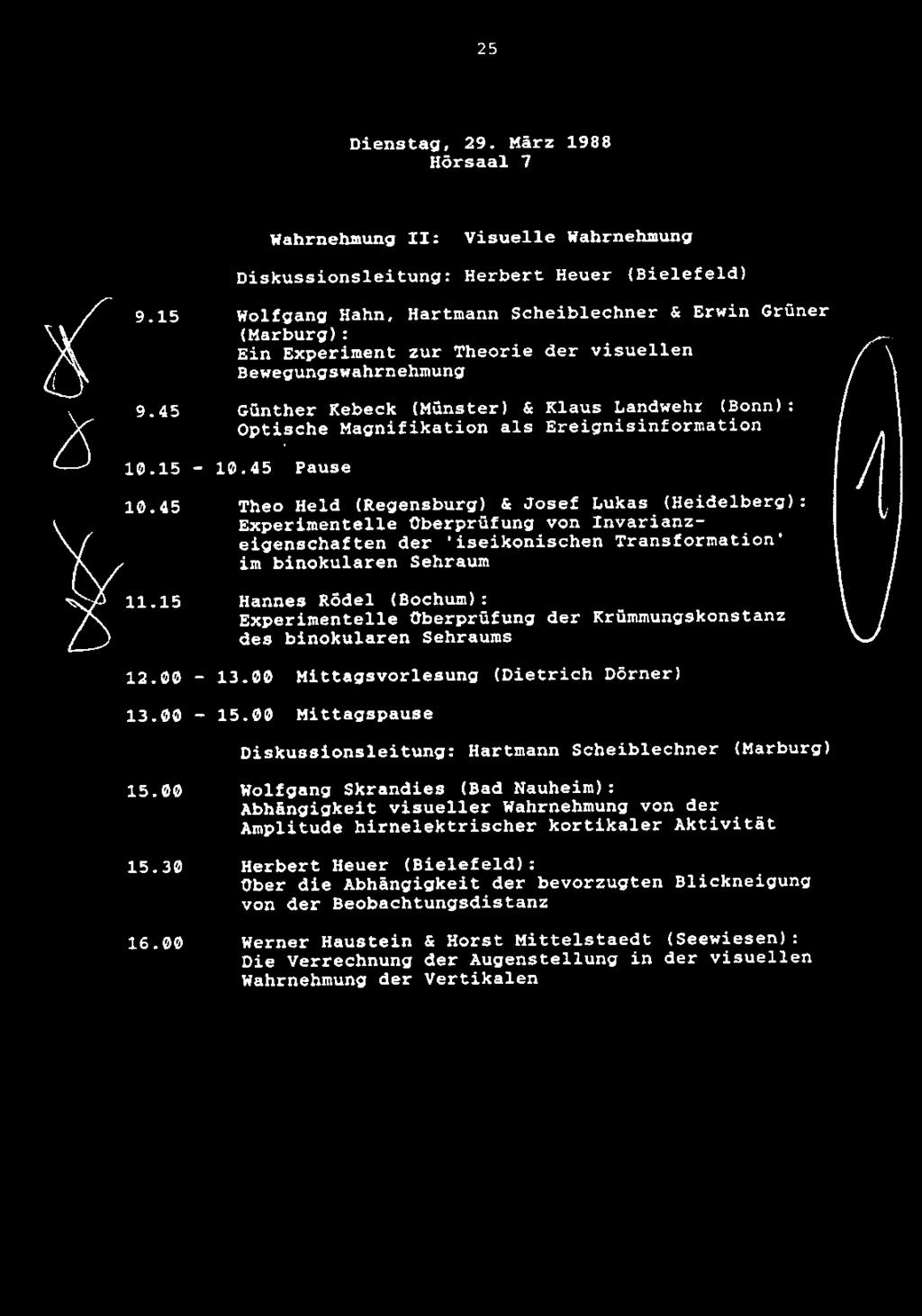 25 Dienstag, 29. Marz 1988 Horsaal 7 Wahrnehmung II: Visuelle Wahrnehmung Diskussionsleitung: Herbert Heuer (Bielefeld) 9.