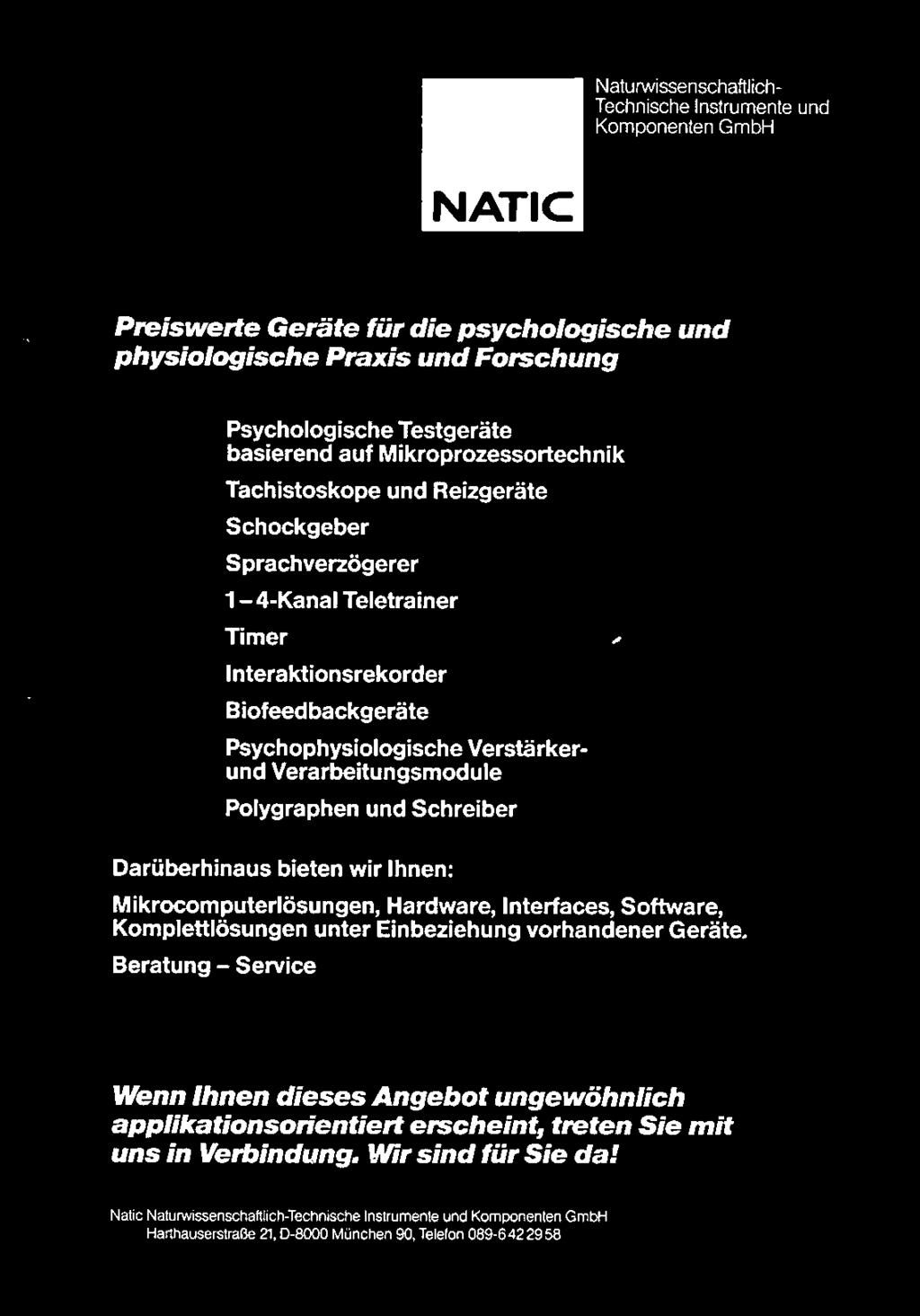 Naturwissenschaftlich- Technische Instrumente und Komponenten GmbH NATIC Preiswerte Gerate fiir die psychologische und physiologische Praxis und Forschung Psychologische Testgerate basierend auf