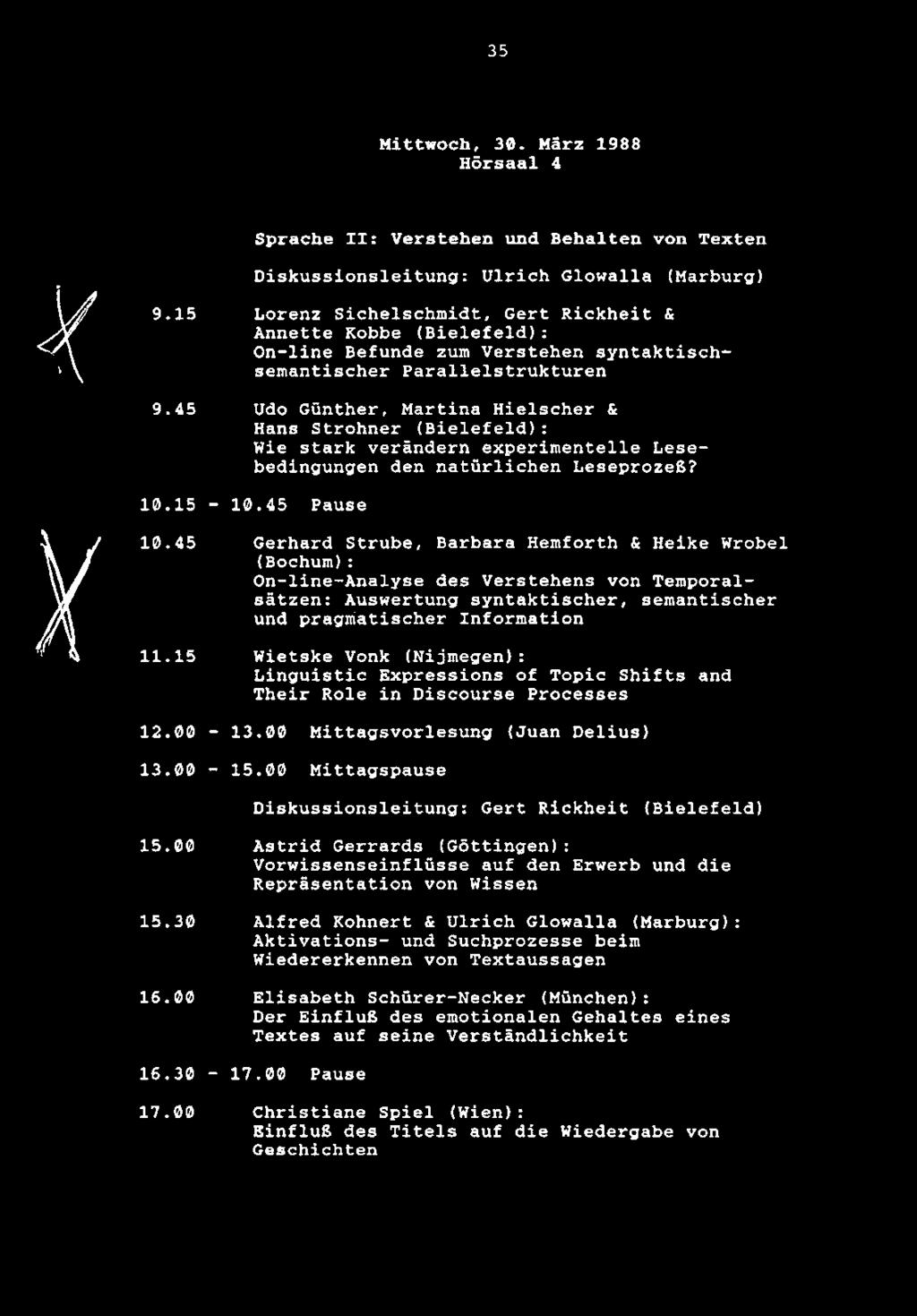 35 Mittwoch, 30. Marz 1988 Horsaal 4 Sprache II: Verstehen und Behalten von Texten Diskussionsleitung: Ulrich Glowalla (Marburg) 9.15 9.45 10.15 10.45 11.15 12.00 13.