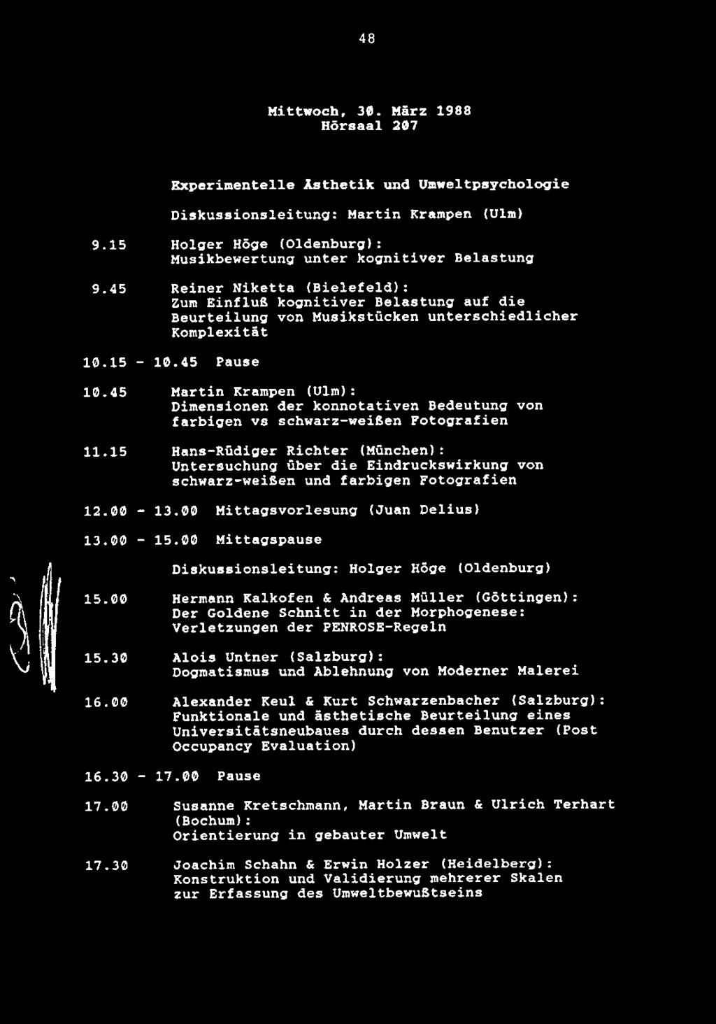48 Mittwoch, 30. Harz 1988 Hdrsaal 207 Experimentelle Asthetik und Umweltpsychologie Diskussionsleitung: Martin Krampen (Ulm) 9.15 9.45 10.15 10.45 11.15 12.00 13.