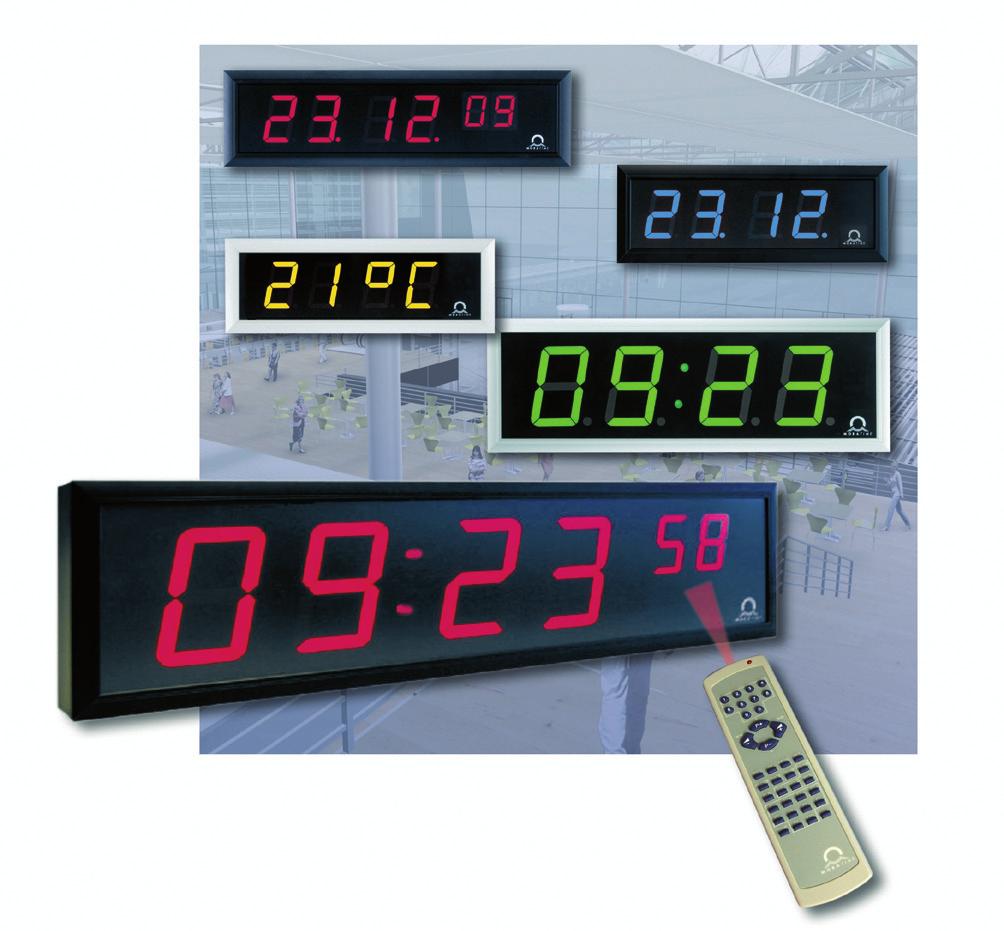 LED-Digitaluhren für Quarz-, Funk- oder Nebenuhrbetrieb Modellreihe DC Die Modellreihe DC umfasst sechs elegante, sehr flache Digitaluhren in 7-Segment-Technik zur Anzeige von Zeit und Datum.