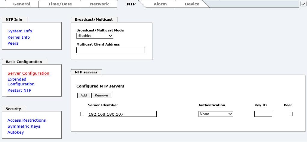 5.3.4.4 Server Konfiguration (Server Configuration) Wählt man den Link "Server Configuration" aus, werden die Grundeinstellungen für die NTP Basisfunktionalität angezeigt. 5.3.4.4.1 Broadcast / Multicast Dieser Bereich wird verwendet, um den Network Time Client 8029NTC als Broadcast oder Multicast Server zu konfigurieren.