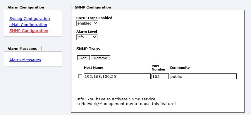5.3.5.3 SNMP Konfiguration / TRAP Konfiguration Um die Karte über SNMP zu überwachen ist es möglich, einen SNMP-Agent (mit MIB) zu verwenden oder SNMP Traps zu konfigurieren.