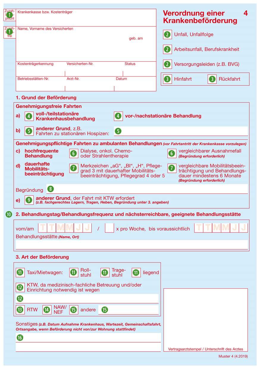 Muster 4: Verordnung einer Krankenbeförderung Voraussetzung für die Verordnung einer Krankenbeförderung ist, dass die Fahrt im Zusammenhang mit einer Leistung der Krankenkasse zwingend medizinisch