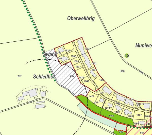 Abb. 23: Aufhebung der Gestaltungsplanpflicht im Gebiet Gwang/Oberwellbrig, Zonenplan bisher (links, rote Umrandung = verbindlicher Inhalt;