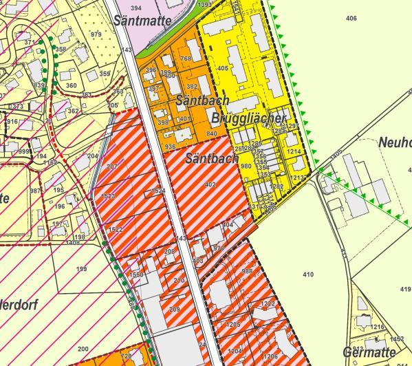 Abb. 25: Aufhebung der Gestaltungsplanpflicht im Gebiet Säntbach, Zonenplan bisher (links, rote Umrandung = verbindlicher Inhalt;